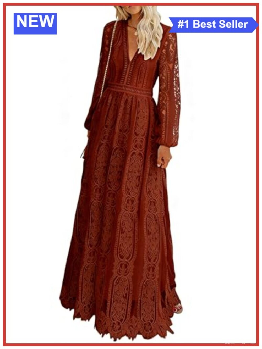 Lace Maxi Wedding Dress Long Sleeve V-Neck A-Line Formal Gown